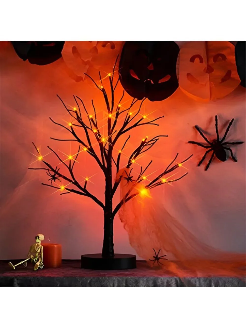 Fudios Black Halloween Tree with Lights 24 LED Orange with Timer, Lighted